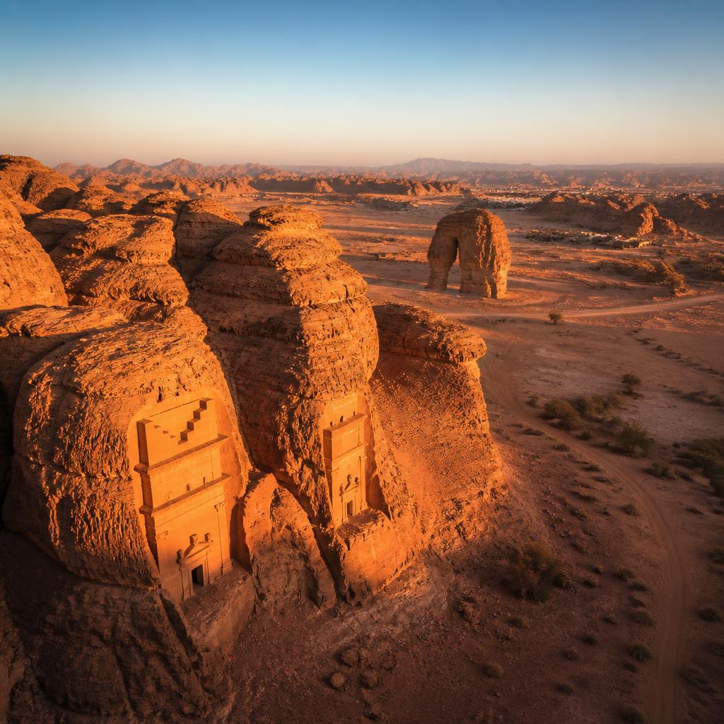 Aerial drone view of Al-Ula, Saudi Arabia, showing ancient Nabataean tombs and the desert landscape